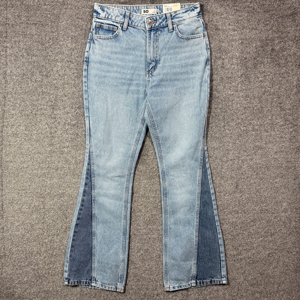 SO Girls Mid Rise Flare Jeans Light Wash Two Tone Paneled Size 14 NWT